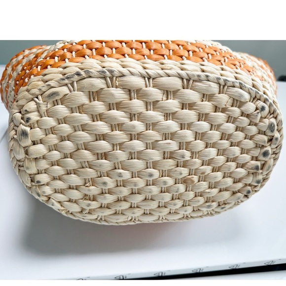 J. Crew Raffia Basket Bag Orange Natural Stripe Button Closure Fabric Lined - Picture 4 of 9